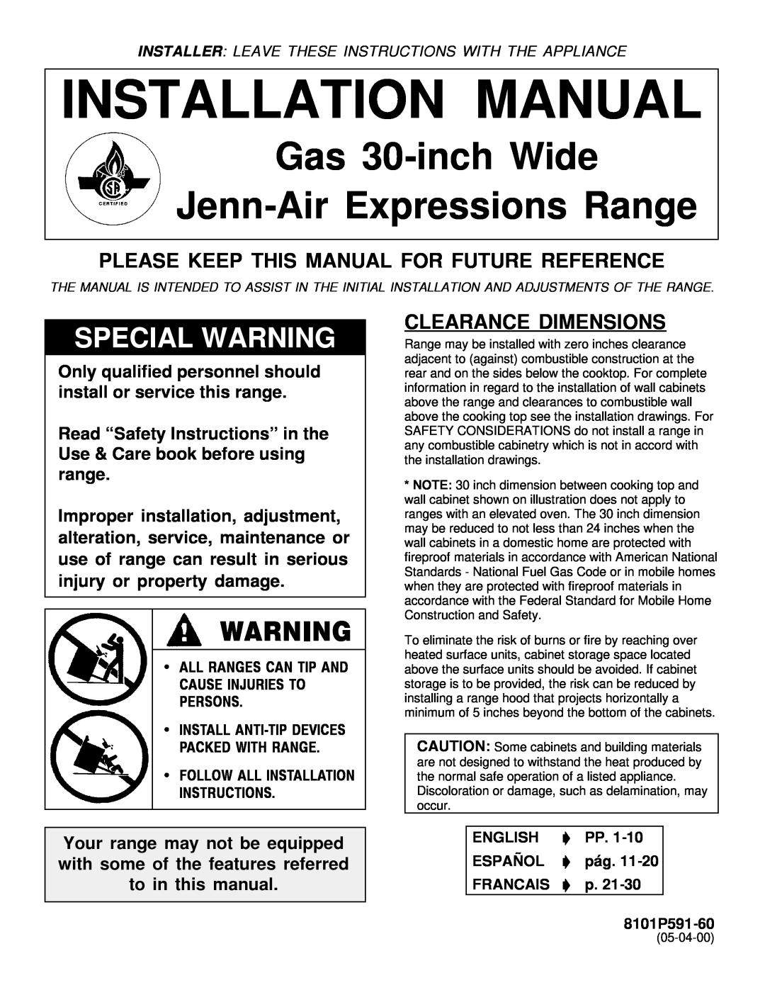 Jenn-Air Range installation manual Please Keep This Manual For Future Reference, Clearance Dimensions, Installation Manual 