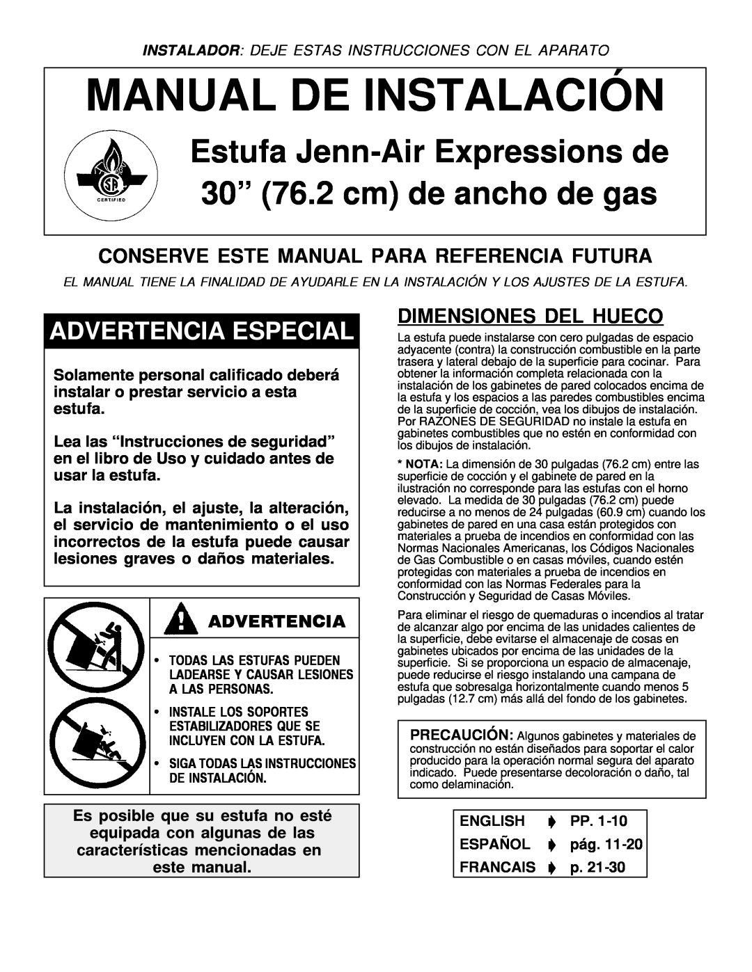 Jenn-Air Range Conserve Este Manual Para Referencia Futura, Dimensiones Del Hueco, Advertencia, Manual De Instalación 