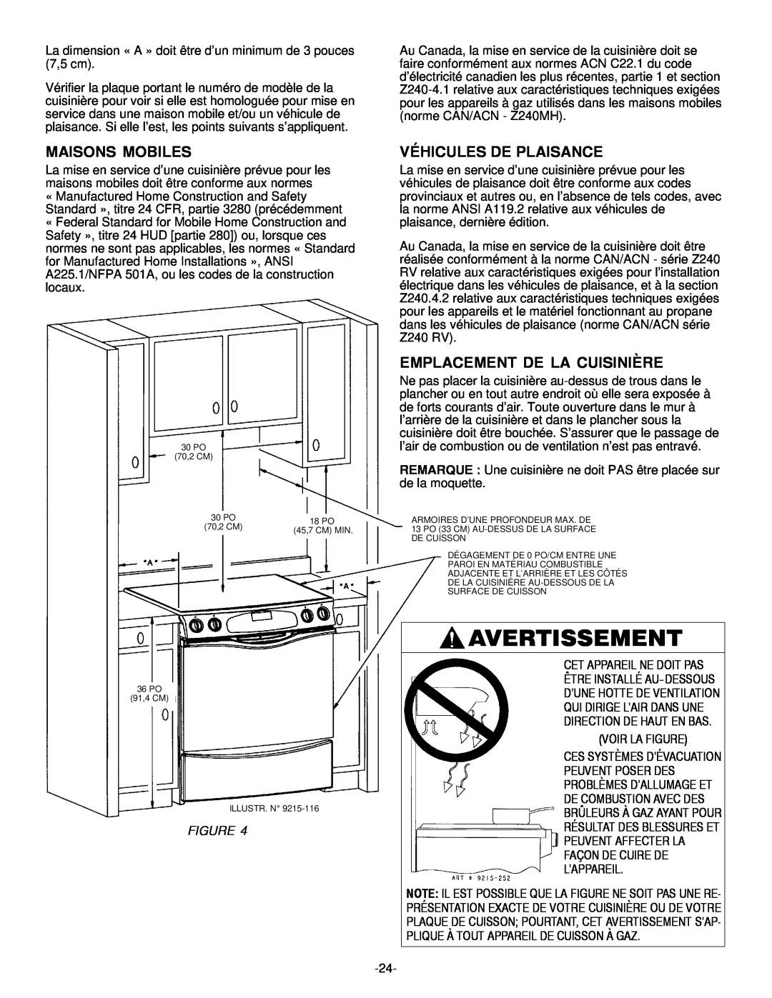 Jenn-Air Range installation manual Avertissement, Maisons Mobiles, Véhicules De Plaisance, Emplacement De La Cuisinière 