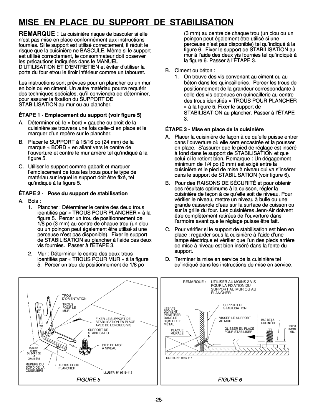 Jenn-Air Range installation manual Mise En Place Du Support De Stabilisation, ÉTAPE 1 - Emplacement du support voir figure 