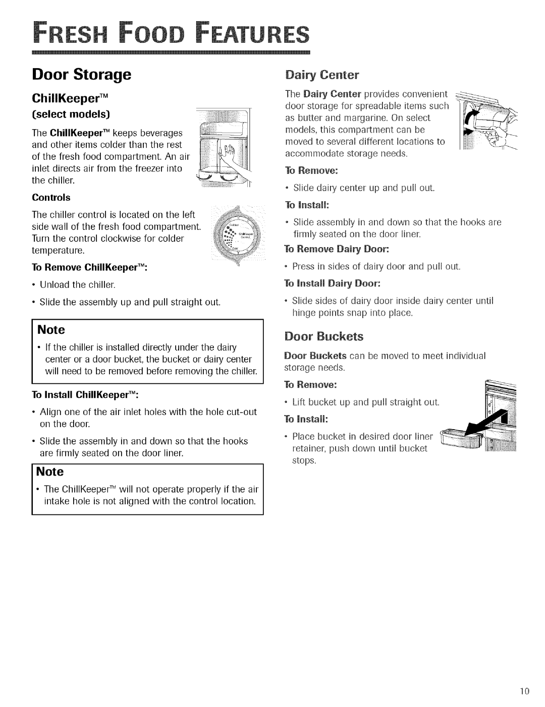 Jenn-Air Refrigerator important safety instructions Door Storage, ChillKeeper TM, Dairy Center, Door Buckets 