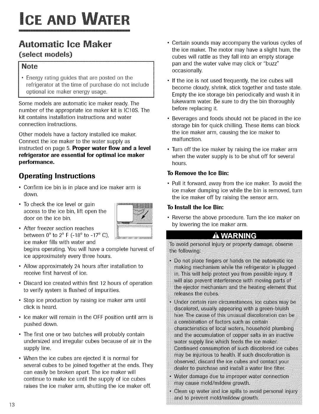 Jenn-Air Refrigerator Select modds, Operating Instructions, To Remove the Ice Bin, To Install the Ice Bin 