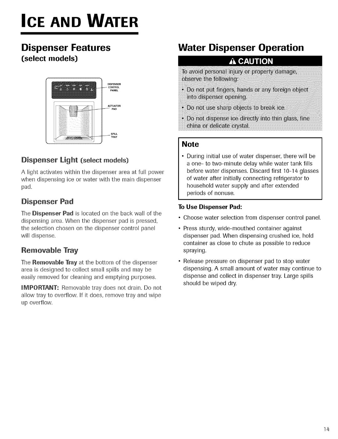 Jenn-Air Refrigerator Dispenser Features, Water Dispenser Operation, Dispenser Pad, Dispenser Light select models 