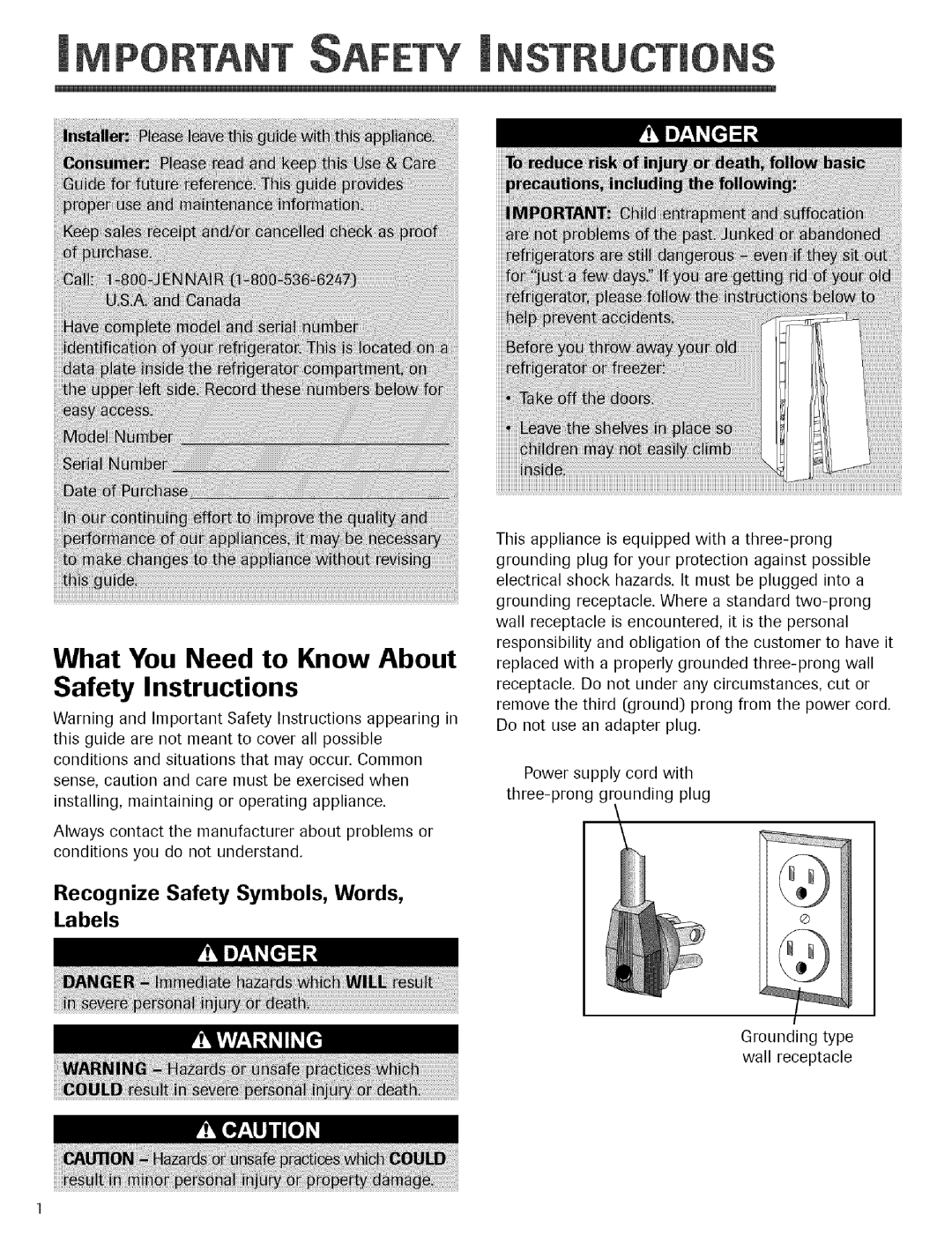 Jenn-Air Refrigerator What You Need to Know About Safety Instructions, Recognize Safety Symbols, Words, Labels 