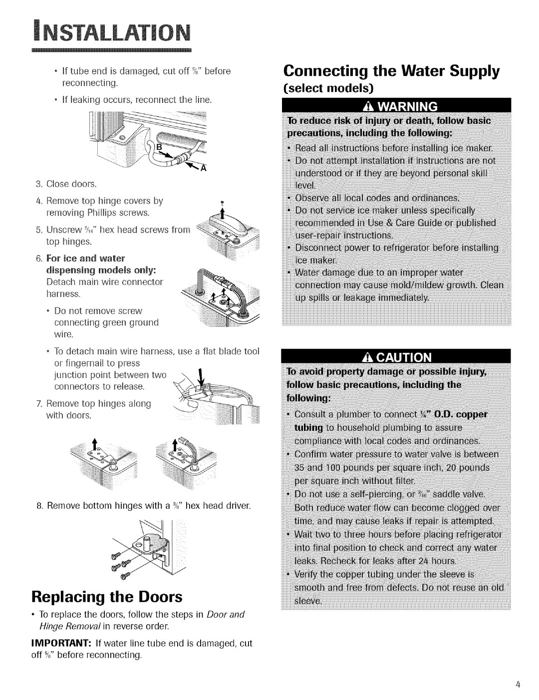 Jenn-Air Refrigerator important safety instructions Connecting the Water Supply, Replacing the Doors, Select models 