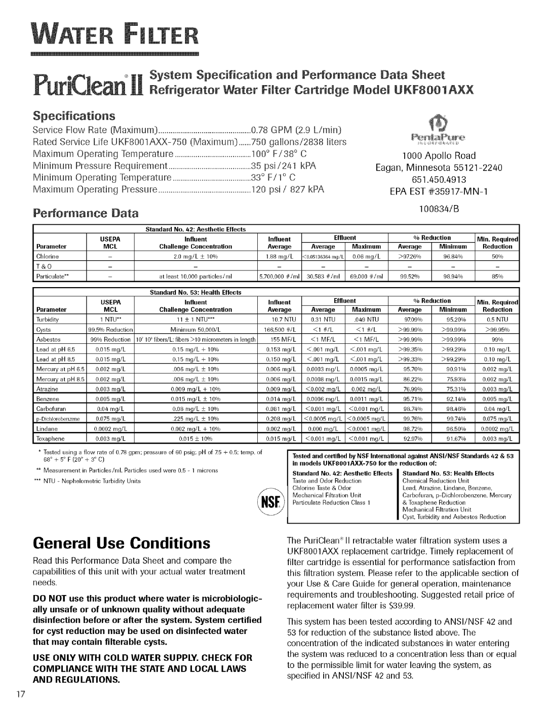 Jenn-Air Refrigerator General Use Conditions, System Specification and Performance Data Sheet, Specifications 