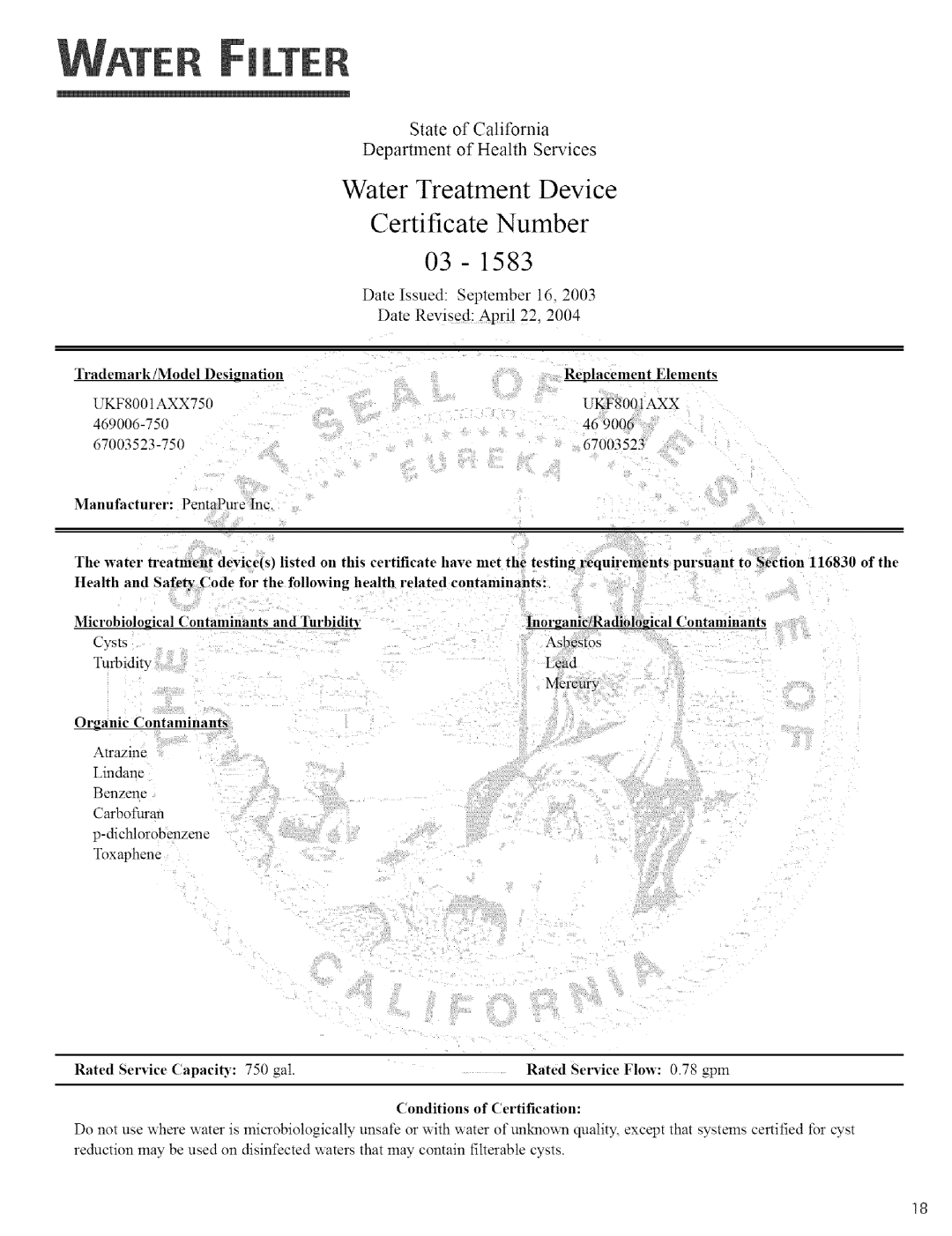 Jenn-Air Refrigerator 1583, Water Treatment Device, Certificate, Number, State of California Department of Health Services 