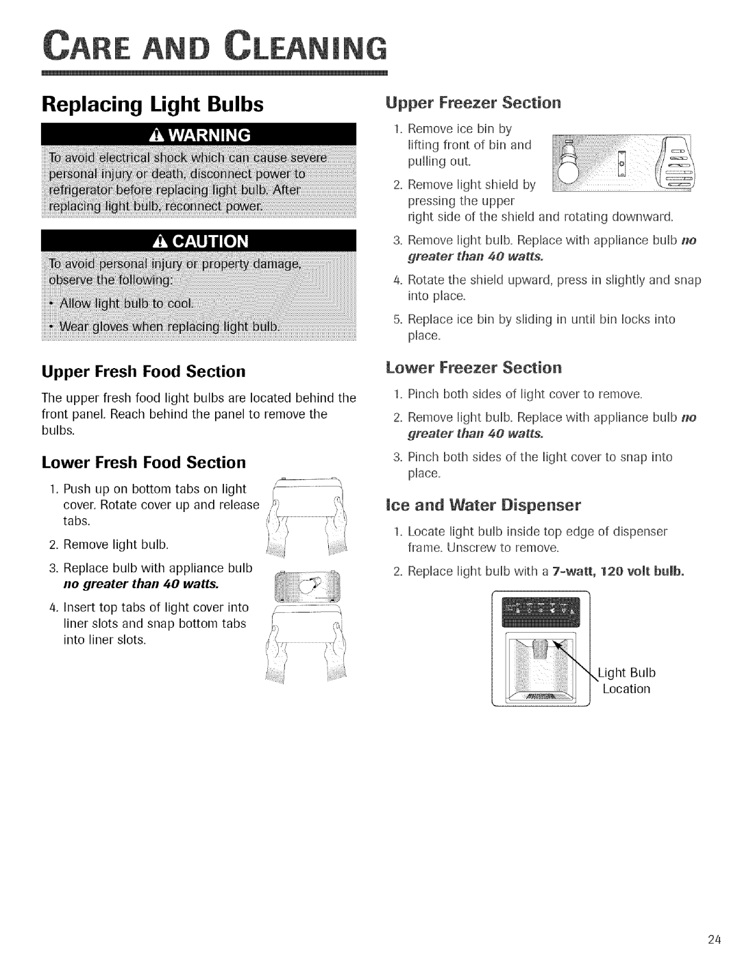Jenn-Air Refrigerator Replacing Light Bulbs, Upper Fresh Food Section, Lower Fresh Food Section, Upper Freezer Section 