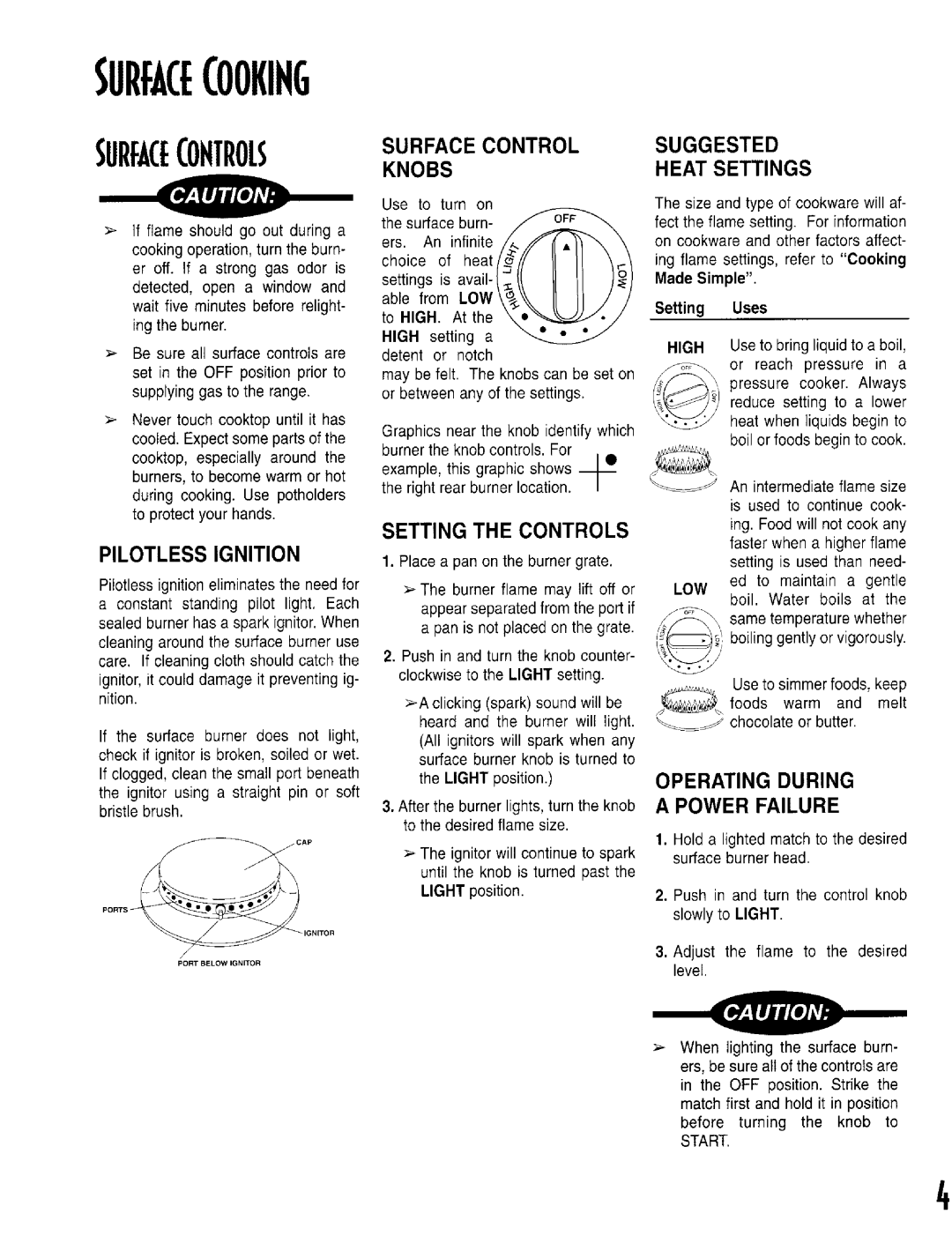 Jenn-Air RS-1 warranty Knobsheatsettings, Pilotlessignition, Operatingduring Powerfailure, Setting the Controls, Start 