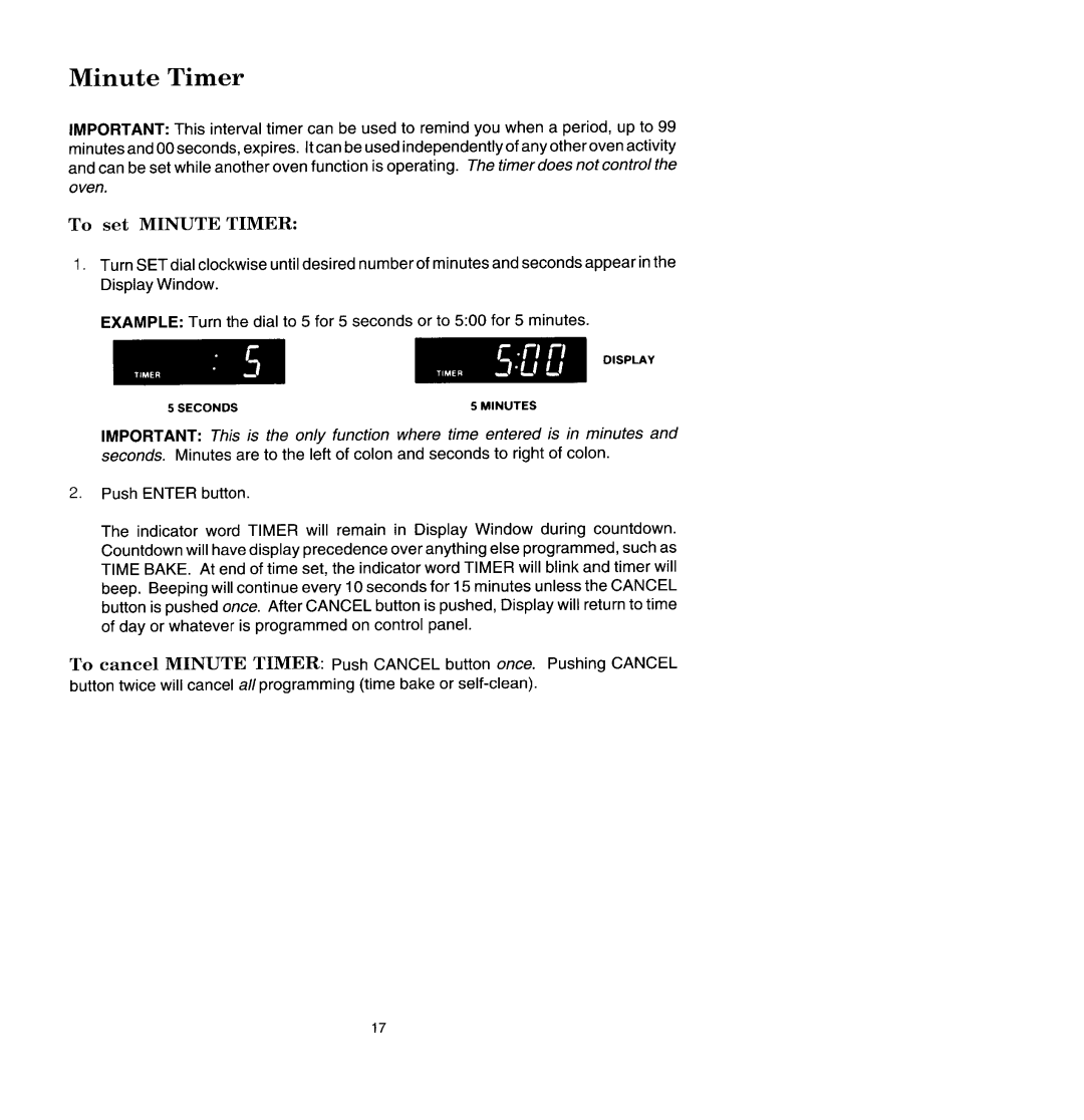 Jenn-Air SCE4340, SCE4320 manual To set Minute Timer 