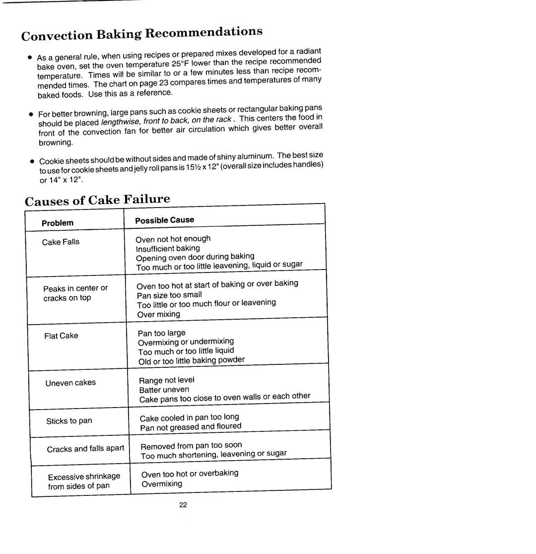 Jenn-Air SCE4320, SCE4340 manual Convection Baking Recommendations, Causes Cake Failure 