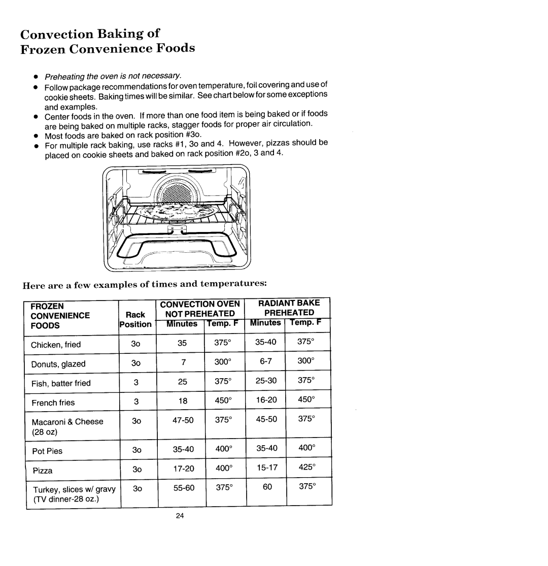 Jenn-Air SCE4320, SCE4340 manual Convection Baking Frozen Convenience Foods, Preheating the oven is not necessary 