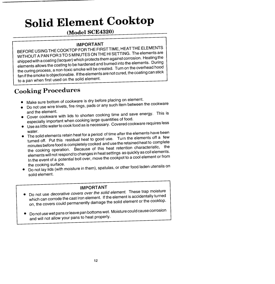 Jenn-Air SCE4340 manual Solid Element Cooktop, Model SCE4320, Cooking Procedures 