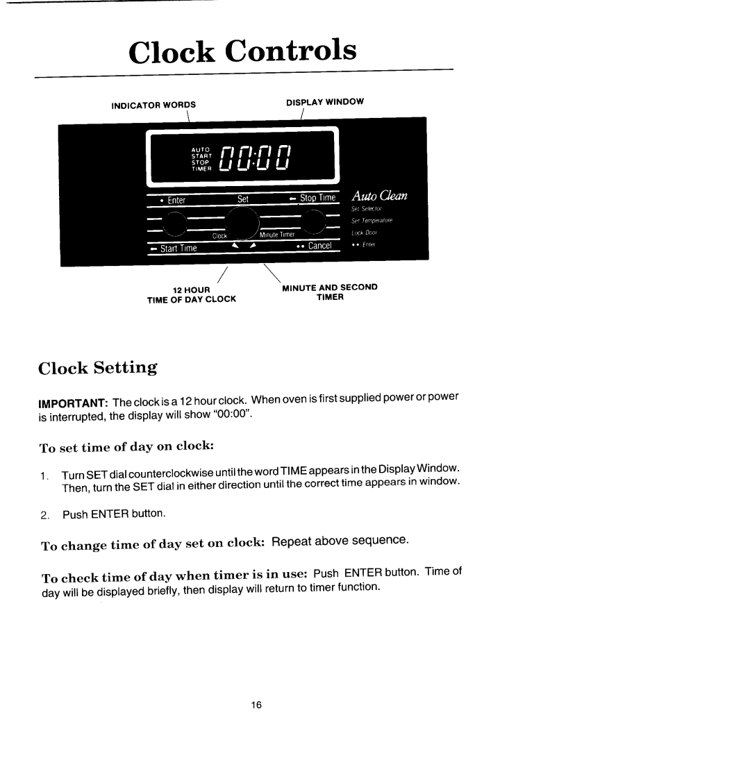 Jenn-Air SCE4320, SCE4340 manual Clock Controls, Clock Setting, To set time of day on clock 