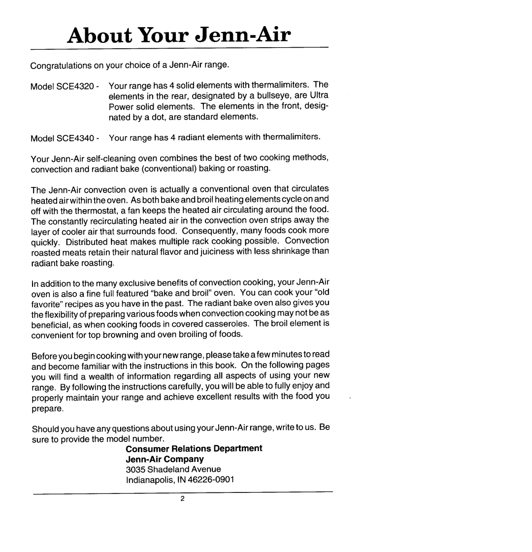 Jenn-Air SCE4320, SCE4340 manual About Your Jenn-Air, Consumer Relations Department Jenn-AirCompany 