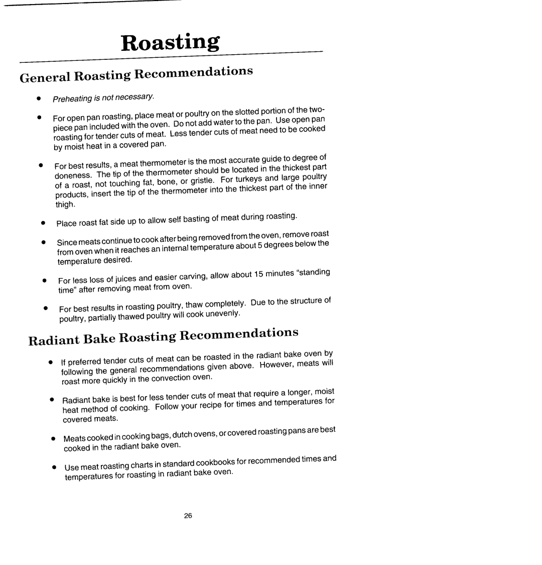 Jenn-Air SCE4320, SCE4340 manual General Roasting Recommendations, Radiant Bake Roasting Recommendations 