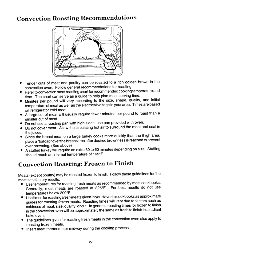 Jenn-Air SCE4340, SCE4320 manual Convection Roasting Recommendations, Convection Roasting Frozen to Finish 