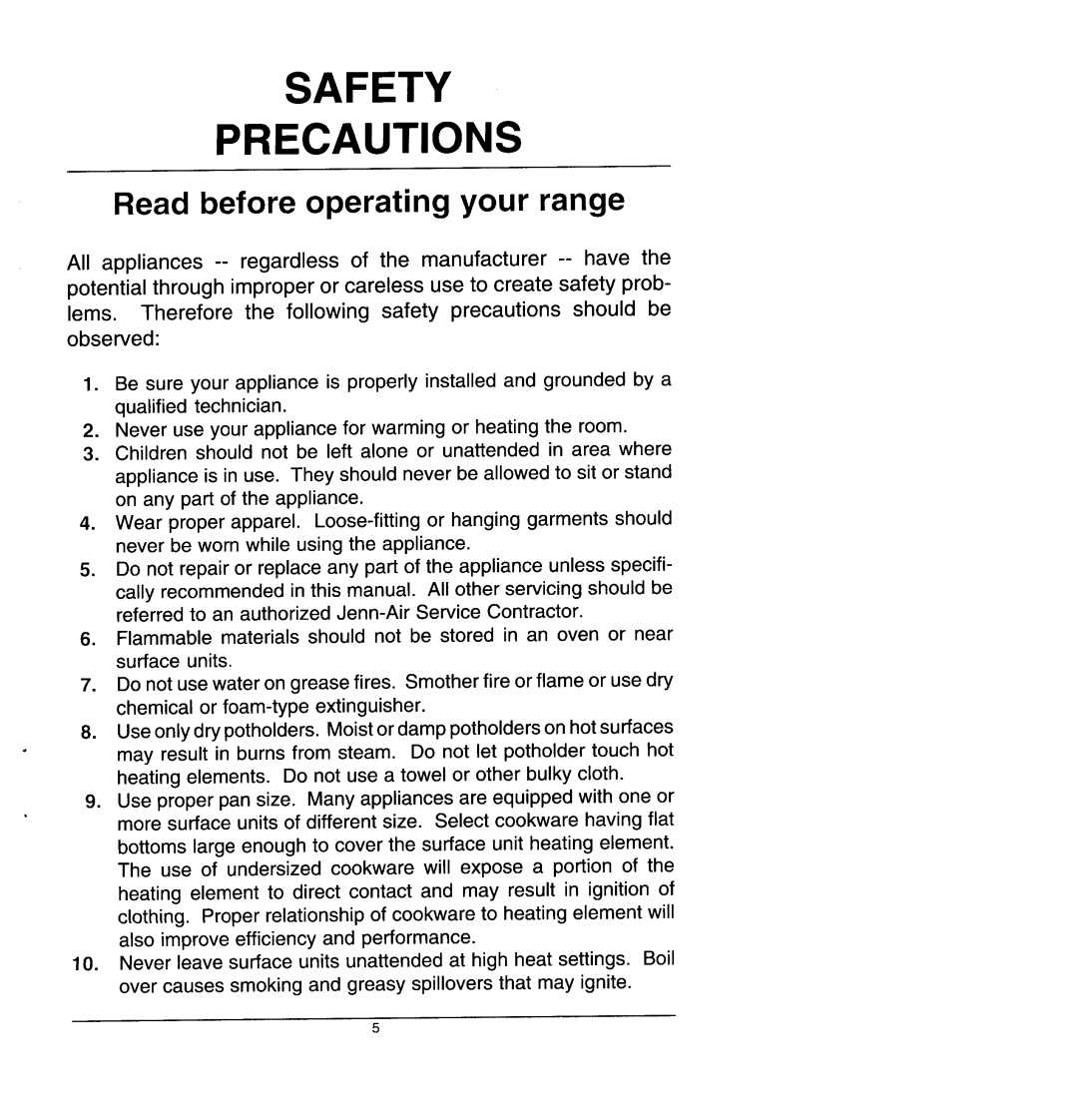 Jenn-Air SCE4340, SCE4320 manual Safety Precautions, Read before operating your range 