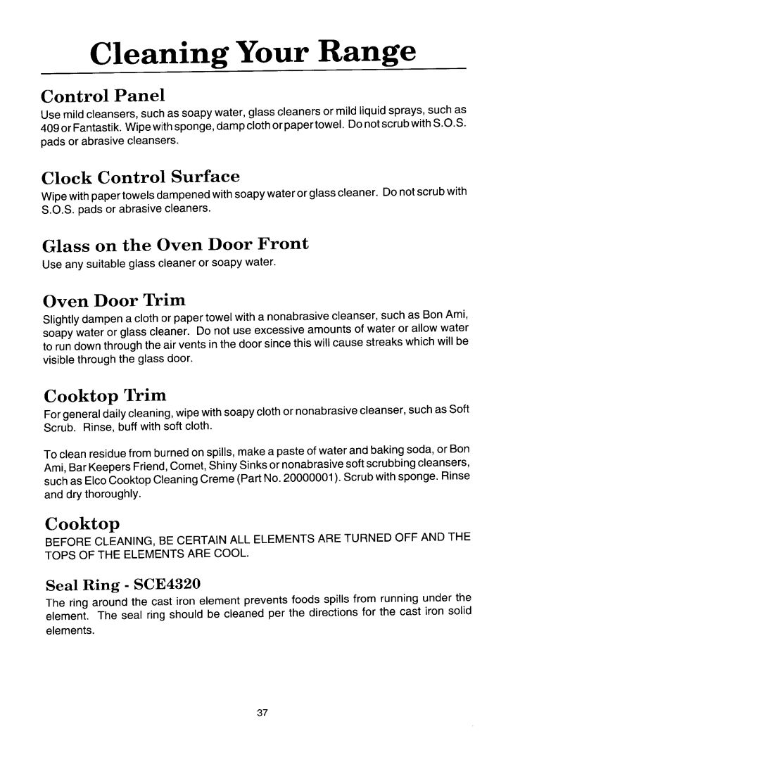Jenn-Air SCE4340 Cleaning Your Range, Control Panel, Clock Control Surface, Glass on the Oven Door Front, Oven Door Trim 
