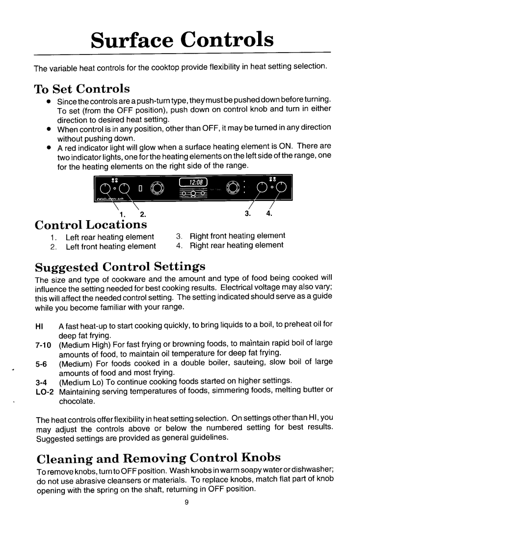 Jenn-Air SCE4340, SCE4320 manual Surface Controls, To Set Controls, Control Locations, Suggested Control Settings 