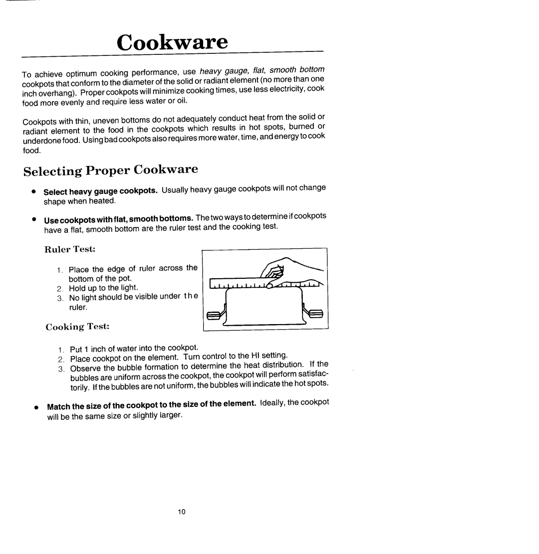 Jenn-Air SCE4320, SCE4340 manual Selecting Proper Cookware, Cooking Test 