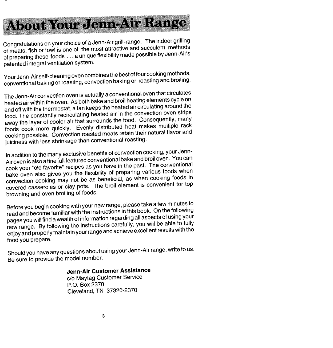 Jenn-Air SDV48600P manual Jenn-Air Customer Assistance 