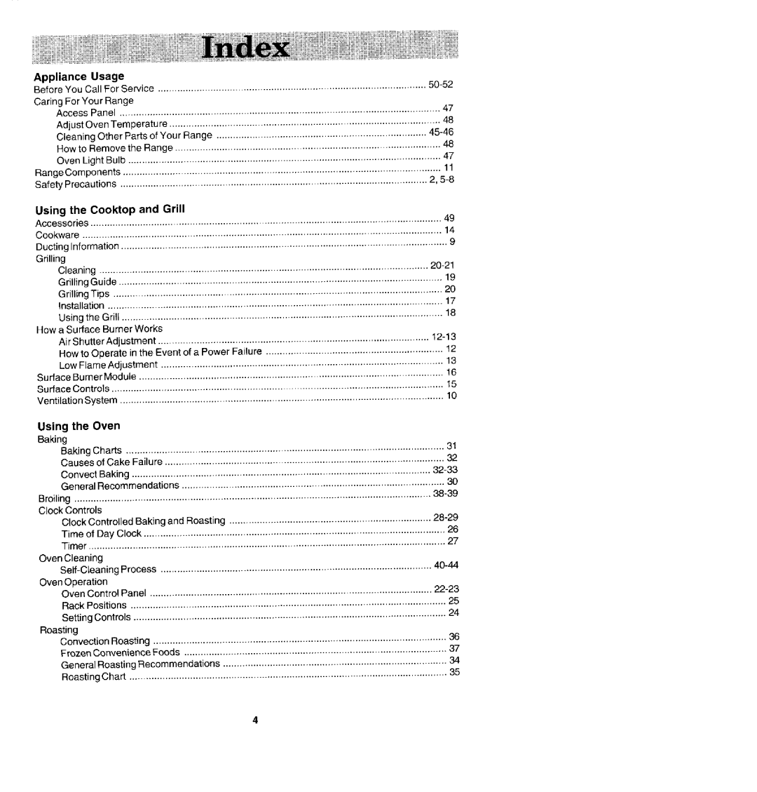 Jenn-Air SDV48600P manual Appliance Usage, Using the Coektop and Grill, Usi ng th e Ov en Baking, ClockControl s 