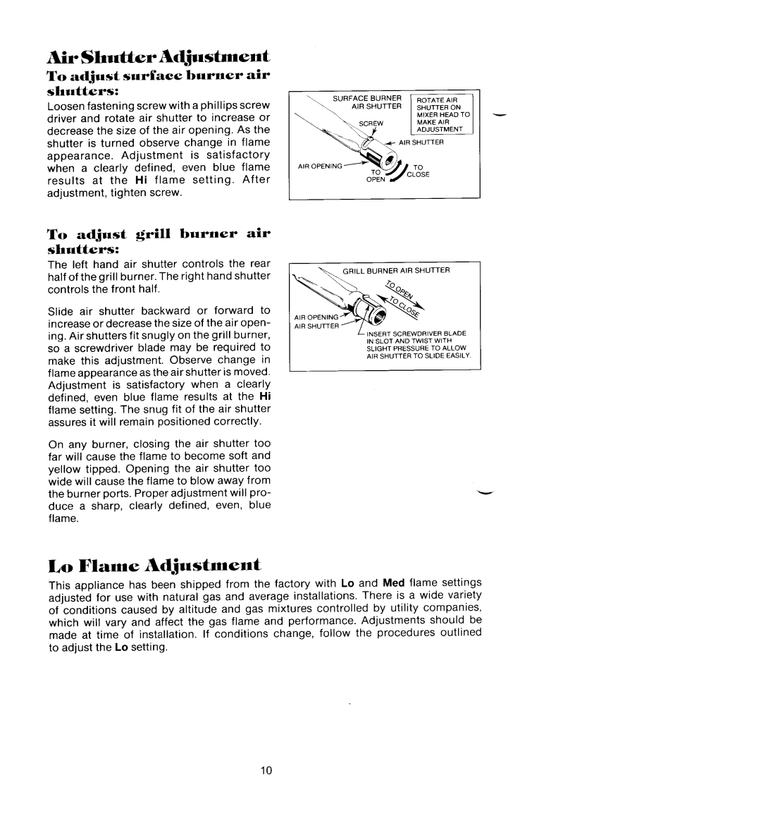 Jenn-Air SEG196 manual Air Shutter Adjustment, Lo Flame Adjustment, Grill Burner 