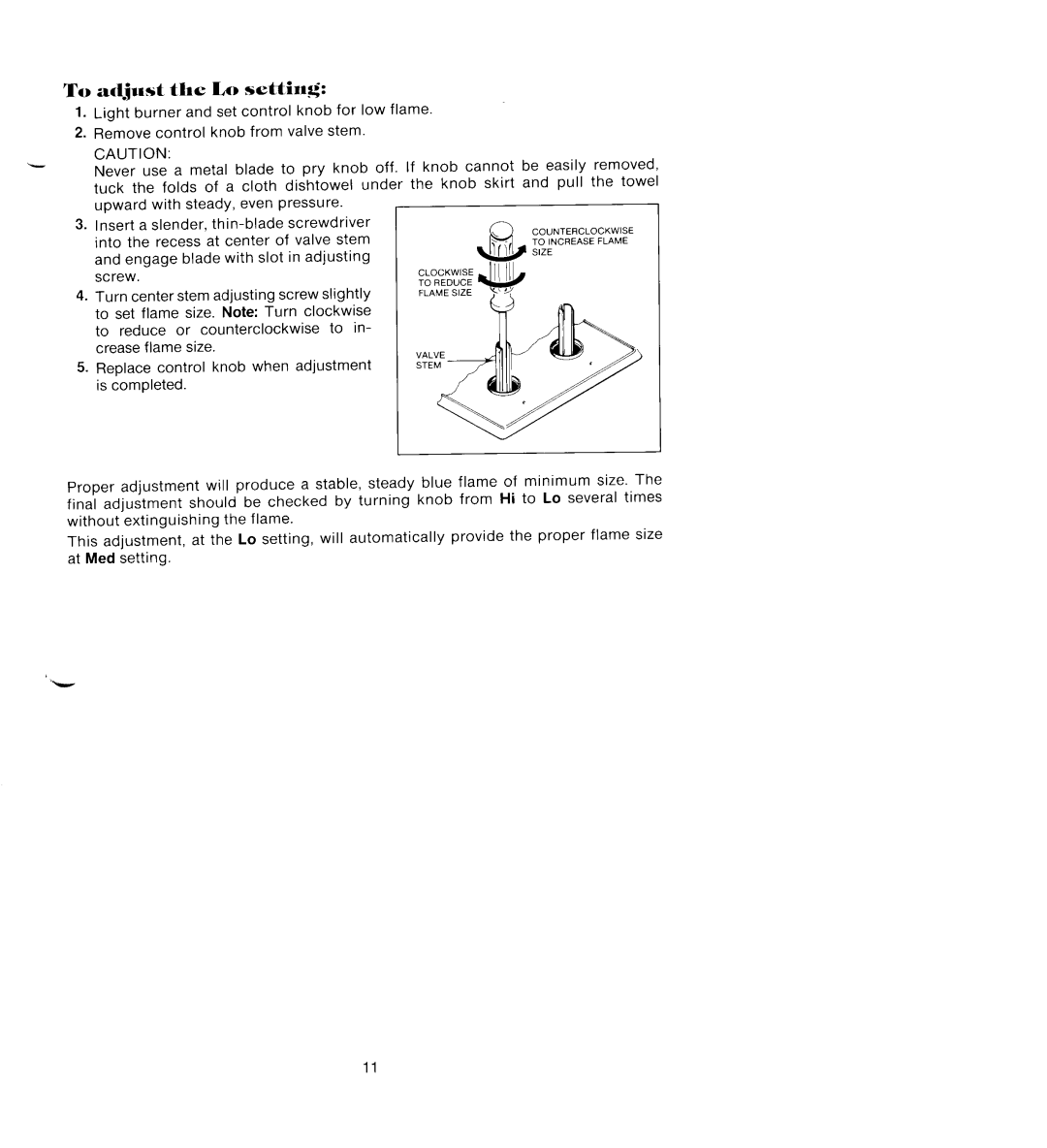 Jenn-Air SEG196 manual To adjust tlc lAD settling, Flamesze 