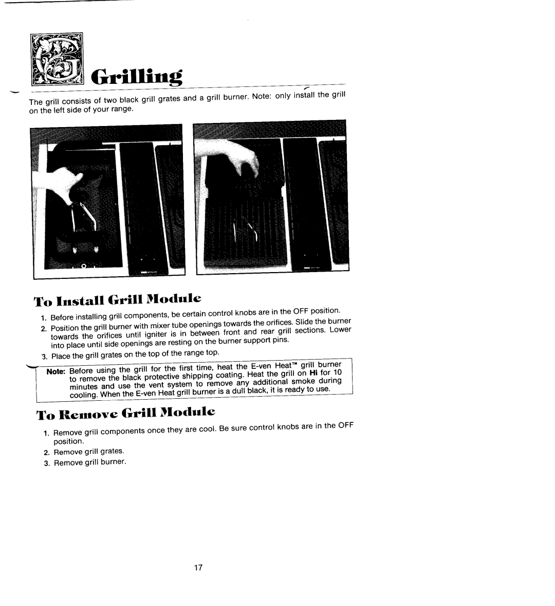 Jenn-Air SEG196 manual To Install Grill Module, To Remove Grill Module 