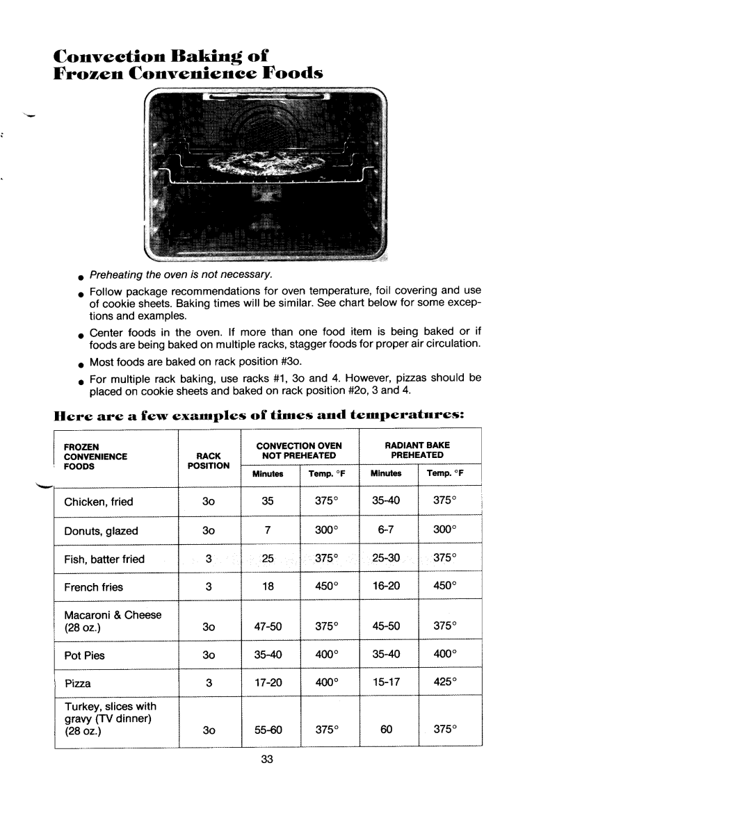 Jenn-Air SEG196 manual Convection Baking Frozen Convenience Foods, Here Are Few Examples Times Temperatures 