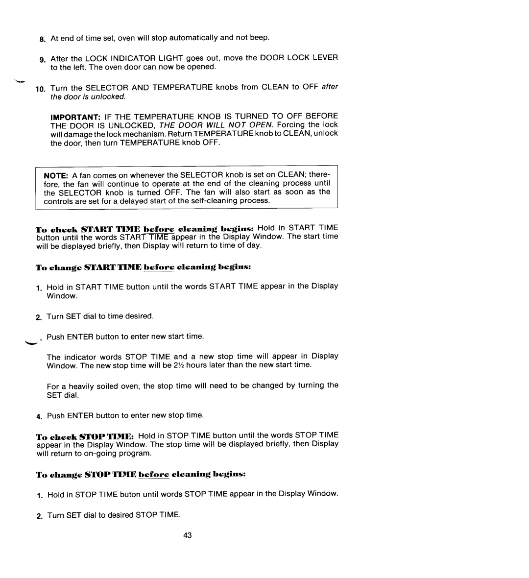 Jenn-Air SEG196 manual To change Start Time before cleaning begins, To change Stop Time before cleaning begins 