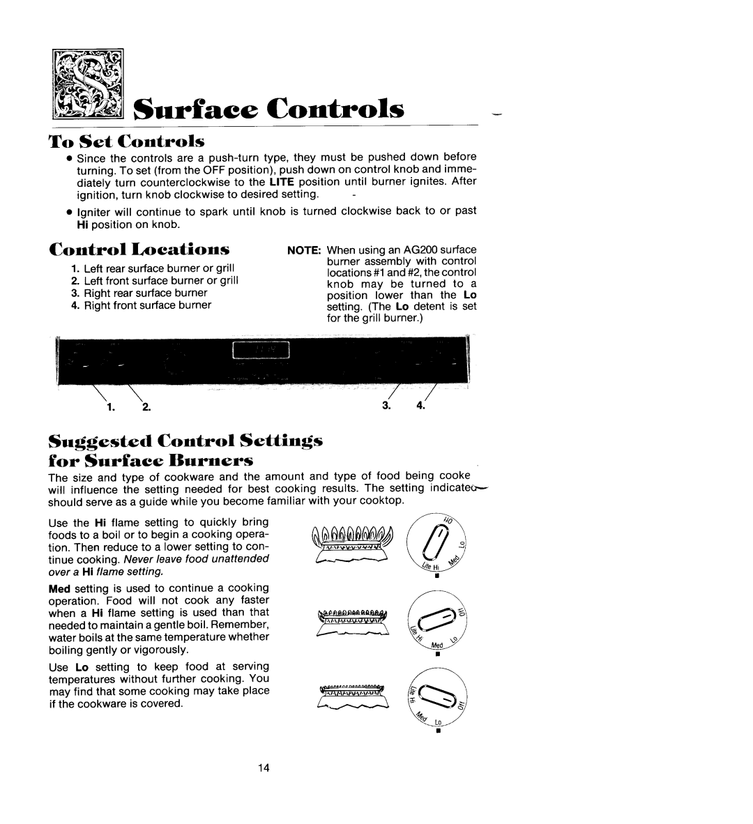 Jenn-Air SEG196 manual Surface Controls, Locations, To Set Controls, Suggested Control Settings for Surface Burners 