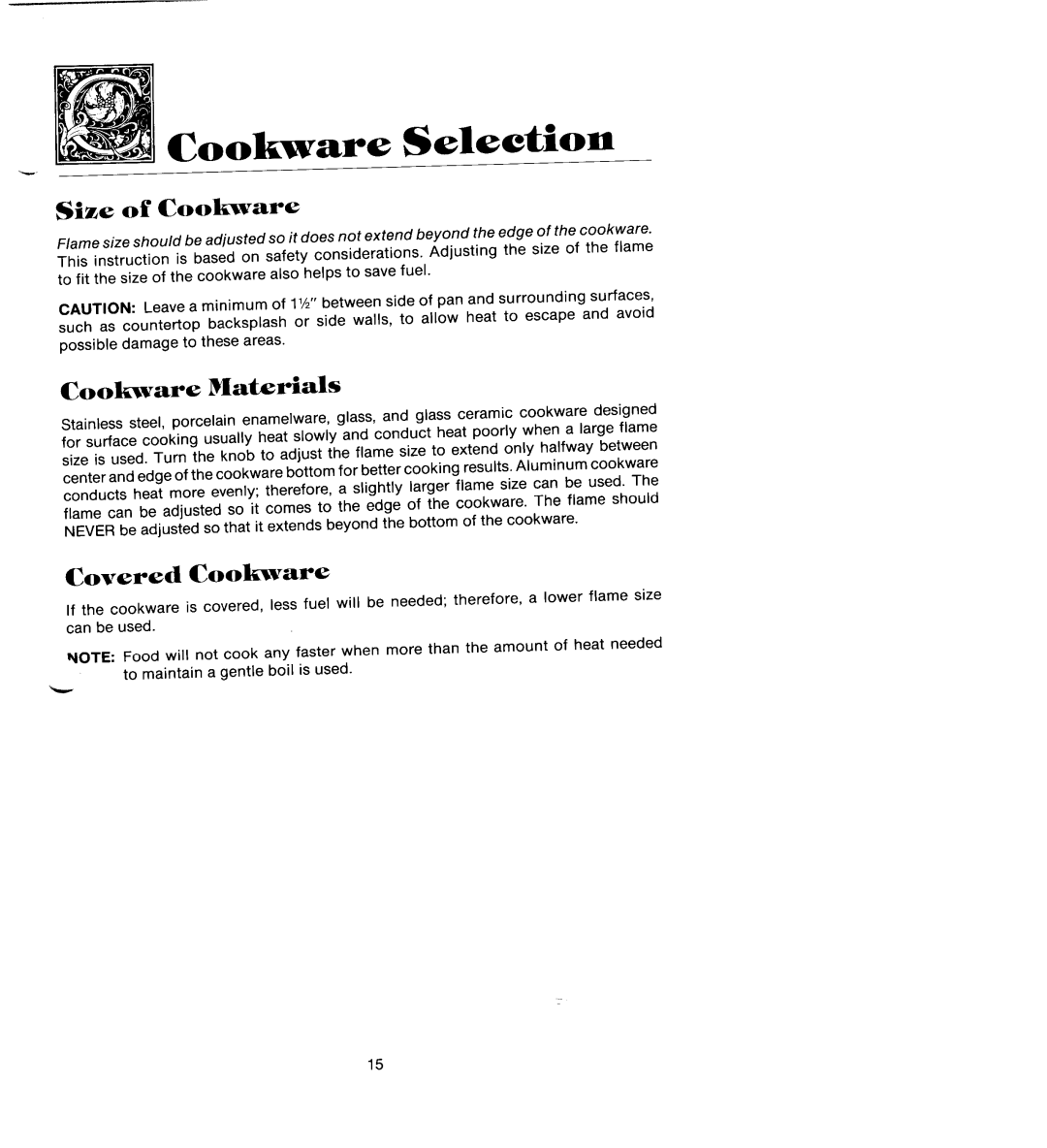 Jenn-Air SEG196 manual Cookware Selection, Size of Cookware, Cookware Materials, Covered Cookware 