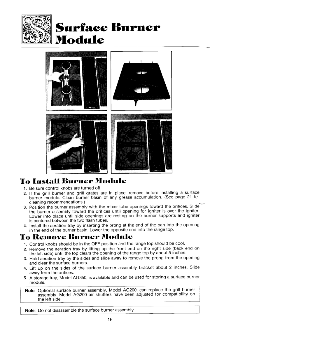 Jenn-Air SEG196 manual ModuleSurface Burner, To hnstall IBurner Module, To Rcn.ove Burner Module 