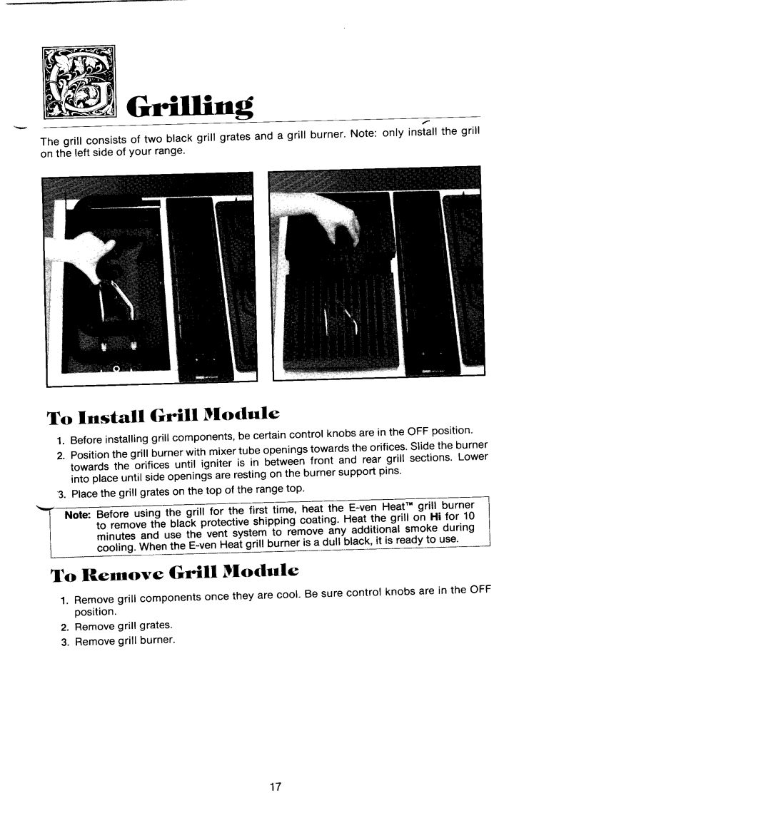 Jenn-Air SEG196 manual To Install Grill Module, To Remove Grill Module, GUlng 
