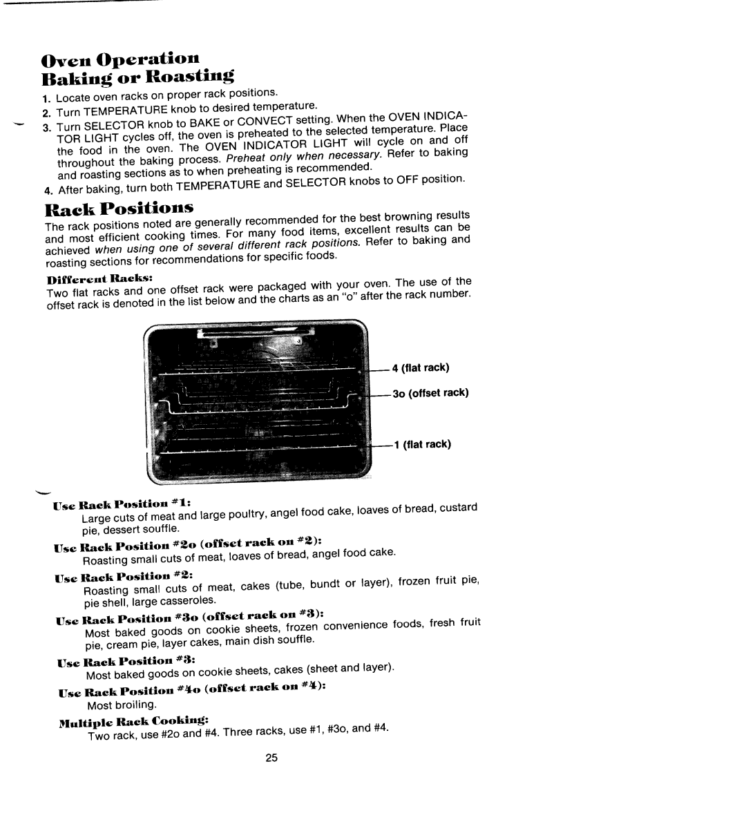 Jenn-Air SEG196 manual Oven Operation Baking or Roasting, Rack Positions, Different Racks, flat rack offset rack flat rack 