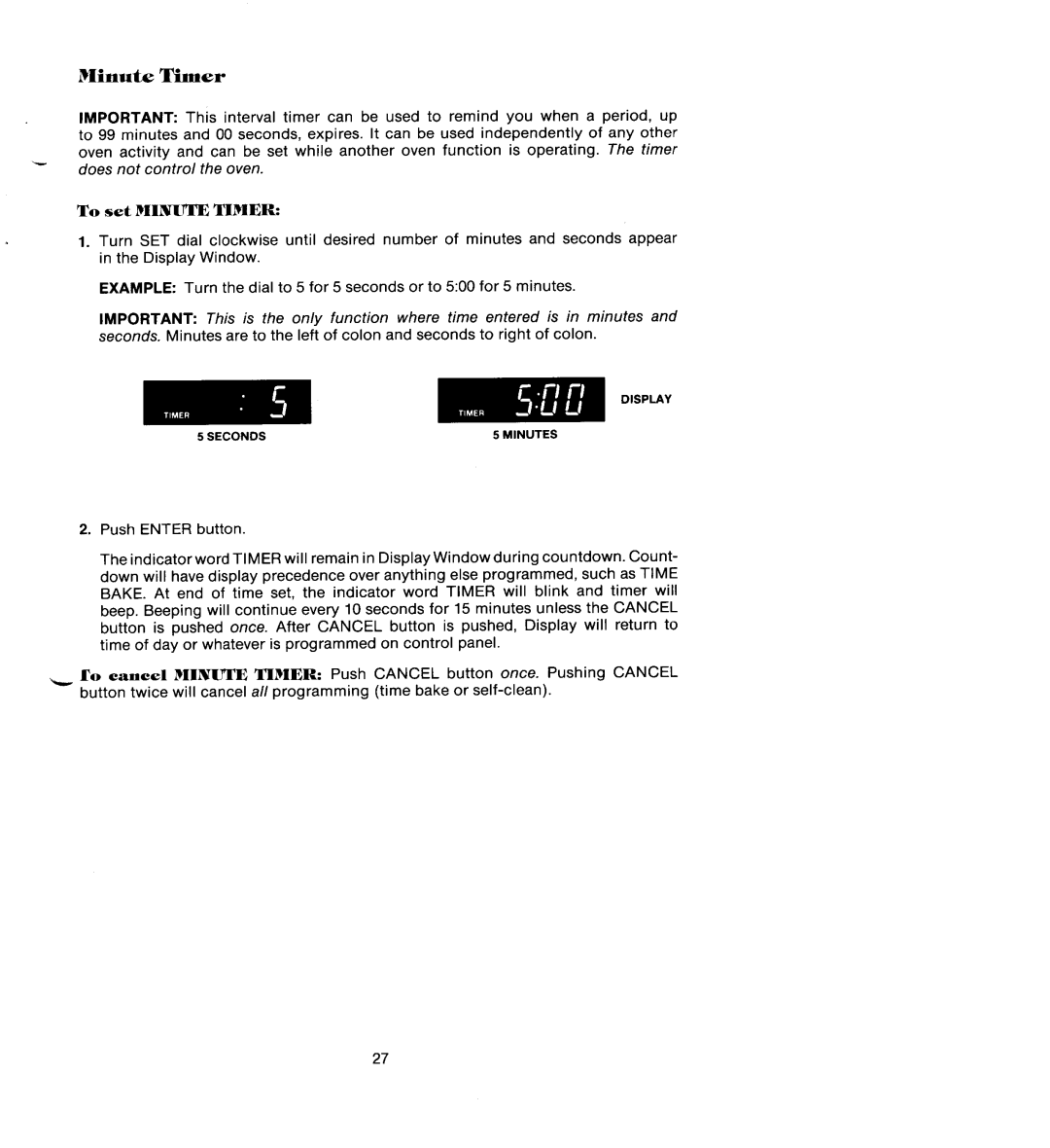 Jenn-Air SEG196 manual Minute Timer, To set MINUTE TIMER 