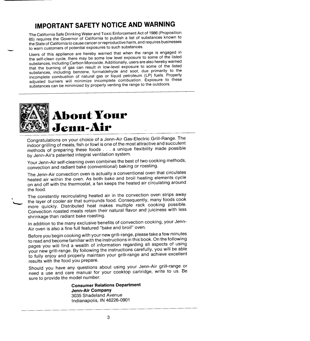 Jenn-Air SEG196 AboutJenn-AirYour, Important Safety Notice And Warning, Consumer Relations Department Jenn-AirCompany 