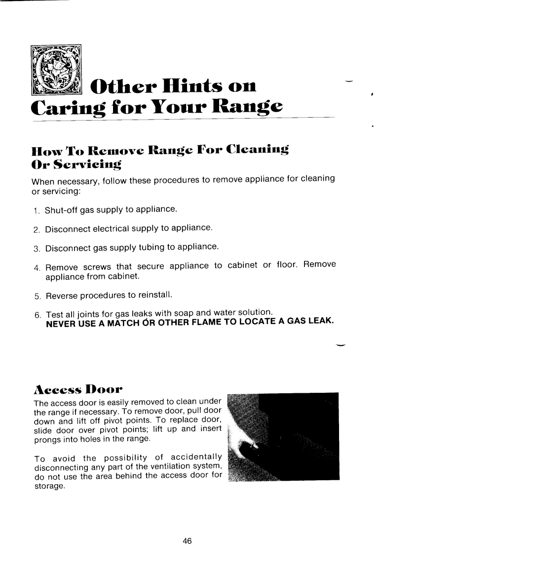 Jenn-Air SEG196 manual Oth er Hints o n Caring for Your Range, How To Remove Range For Cleaning Or Servicing, Aceess Door 