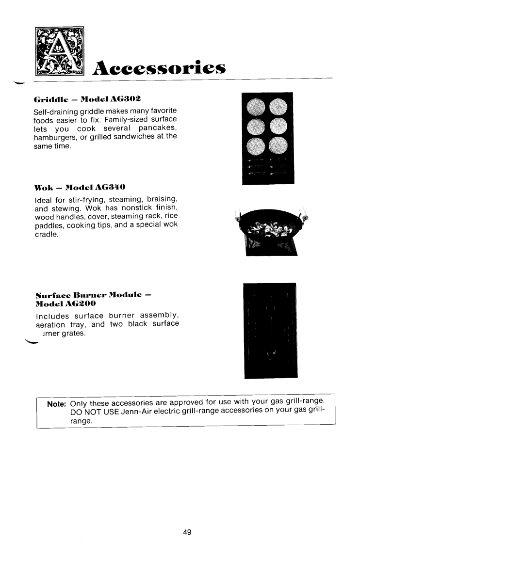 Jenn-Air SEG196 manual Accessories, Wok -- Model AG340, Surface Burner Module Model AG200 