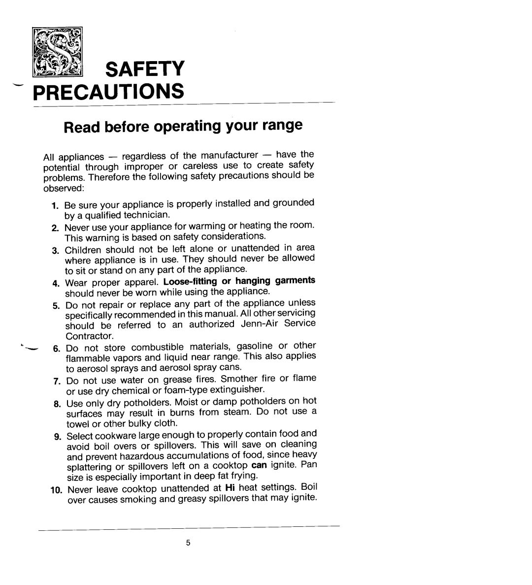 Jenn-Air SEG196 manual Read before operating your range, Safety, Precautions 