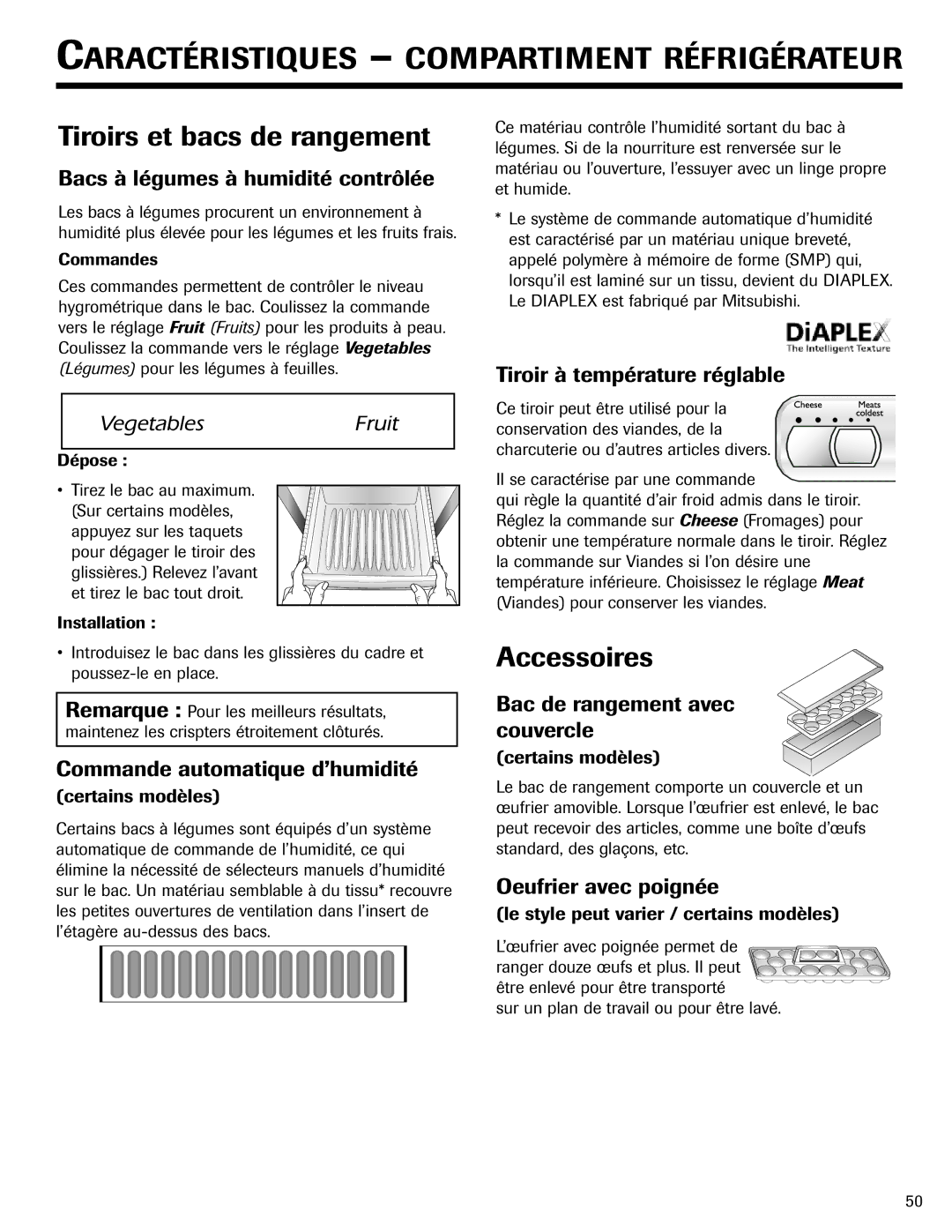 Jenn-Air SIDE- BY- SIDE REFRIGERATOR important safety instructions Tiroirs et bacs de rangement, Accessoires 