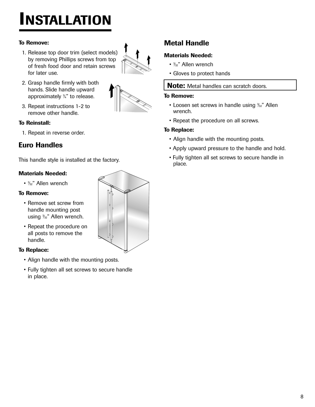 Jenn-Air SIDE- BY- SIDE REFRIGERATOR important safety instructions Euro Handles, Metal Handle 