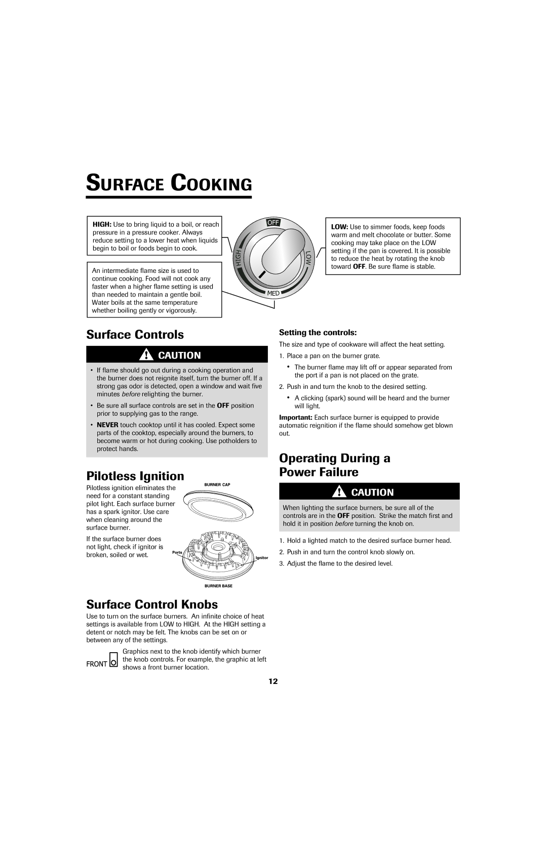 Jenn-Air SLIDE-IN RANGE Surface Cooking, Surface Controls, Pilotless Ignition, Operating During a Power Failure 