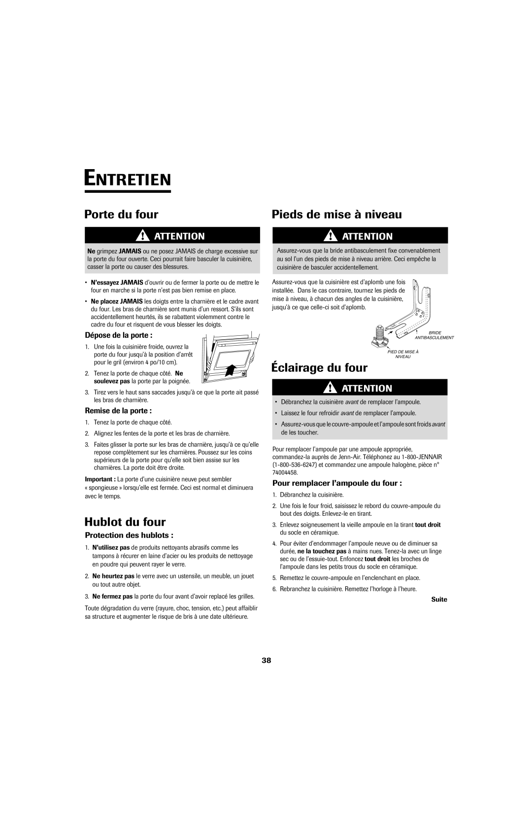 Jenn-Air SLIDE-IN RANGE Entretien, Porte du four, Hublot du four, Pieds de mise à niveau, Éclairage du four 