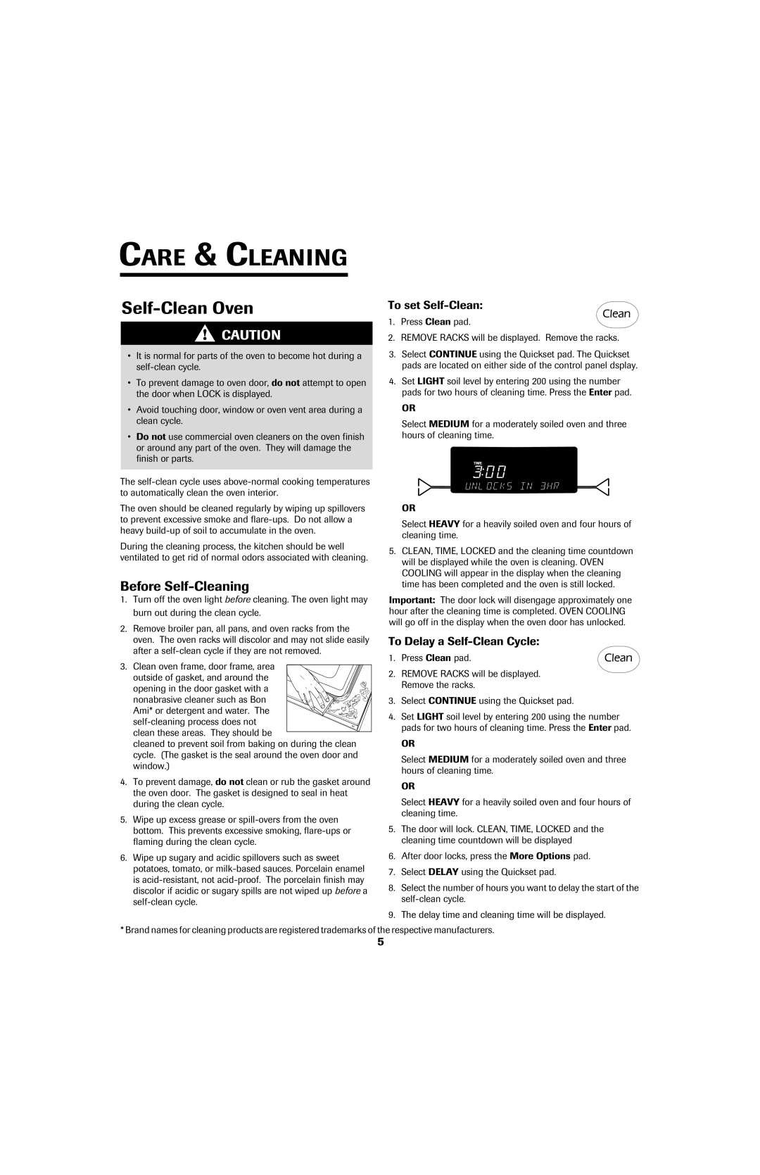 Jenn-Air SLIDE-IN RANGE Care & Cleaning, Before Self-Cleaning, To set Self-Clean, To Delay a Self-Clean Cycle 