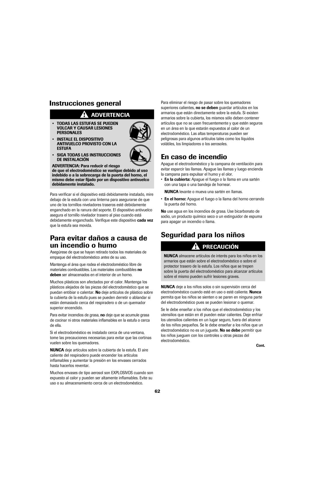 Jenn-Air SLIDE-IN RANGE Instrucciones general, En caso de incendio, Para evitar daños a causa de un incendio o humo 