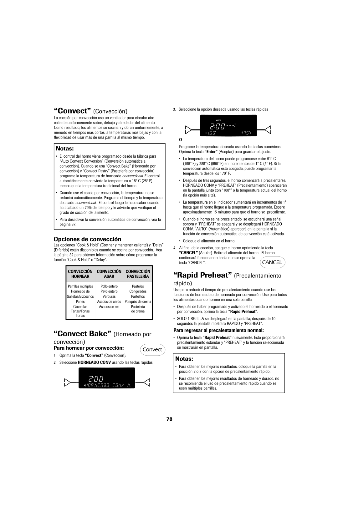 Jenn-Air SLIDE-IN RANGE important safety instructions Convect Bake Horneado por, Convect Convección, Opciones de convección 