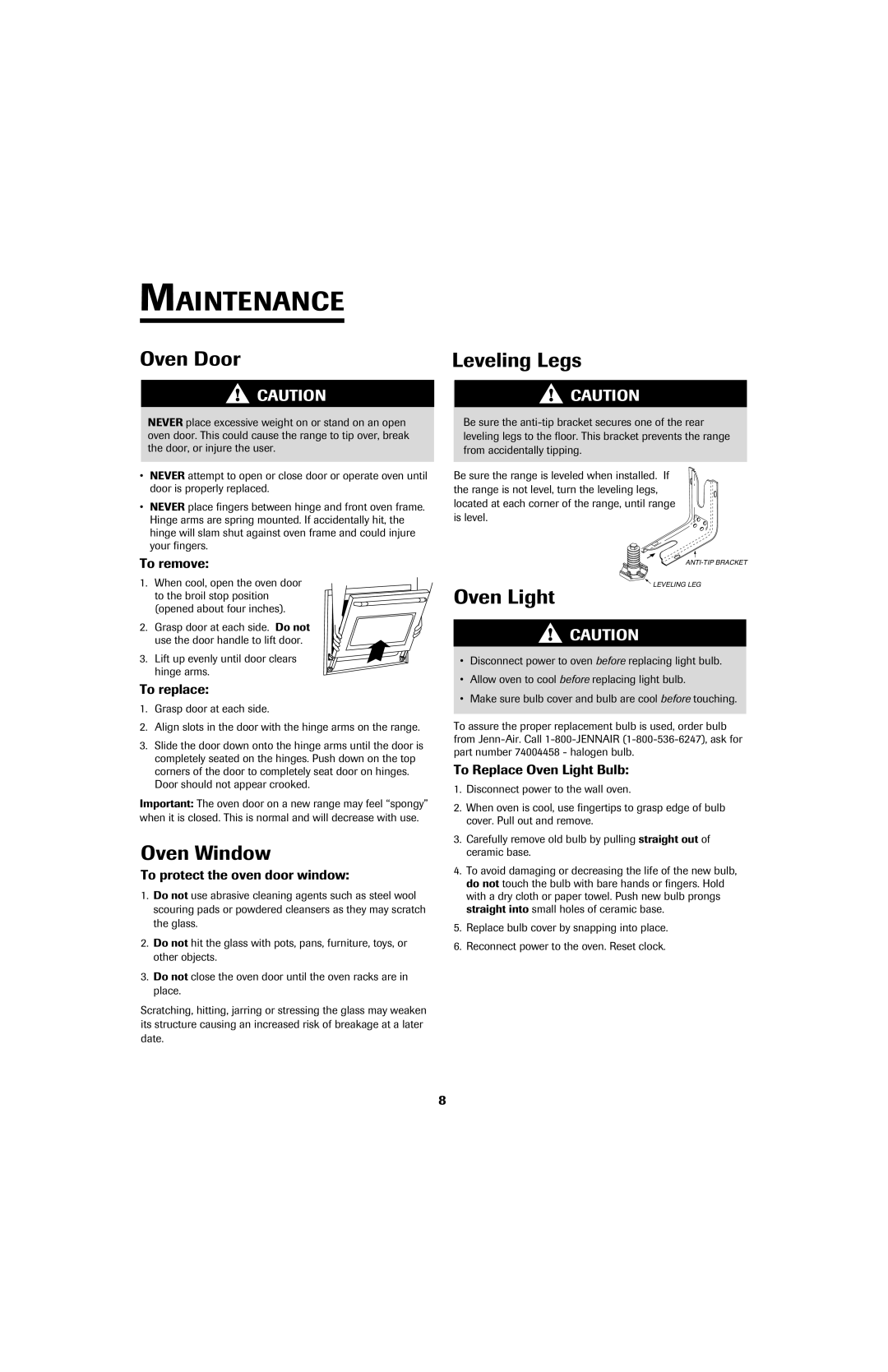 Jenn-Air SLIDE-IN RANGE important safety instructions Maintenance, Oven Door, Leveling Legs, Oven Light, Oven Window 